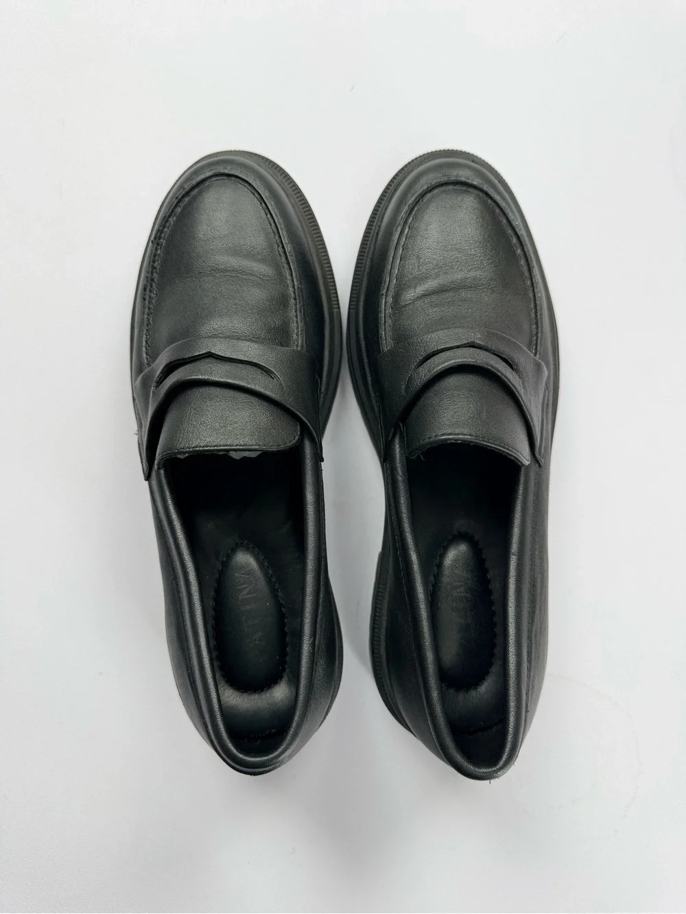 Patina Black Leather Chunky Lug Sole Penny Loafers EU 8.5 Platform Preppy